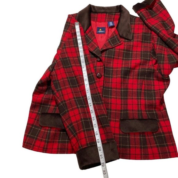 Liz Sport Red Black Plaid 5-Button Wool Blazer Sz 14P Brown Contrast Jacket EUC - Picture 13 of 13